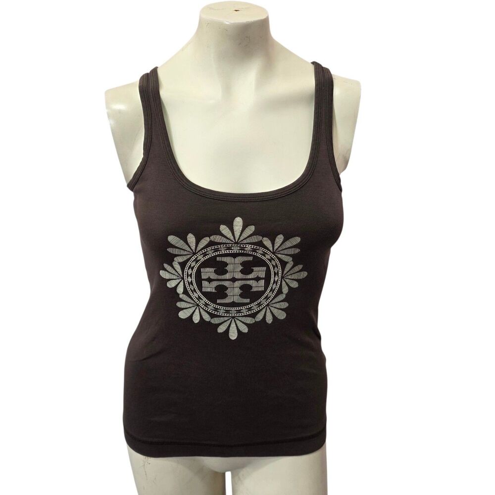 Tory Burch Brown Logo Graphic Pima Cotton Tank Top Womens Small Sleeveless Peru